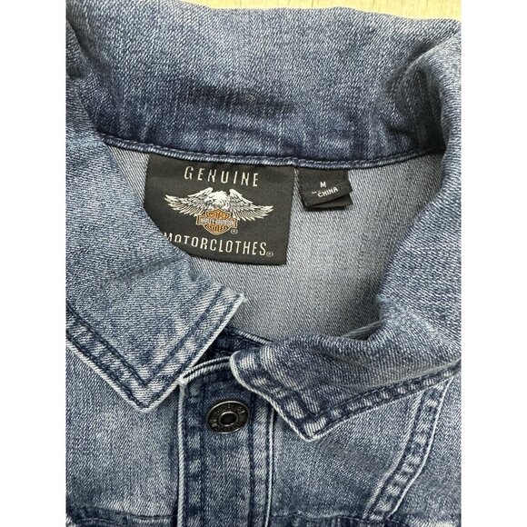 Harley-Davidson Women’s Sz M Flag Studded Distressed Denim Vest Moto Biker - Picture 3 of 6
